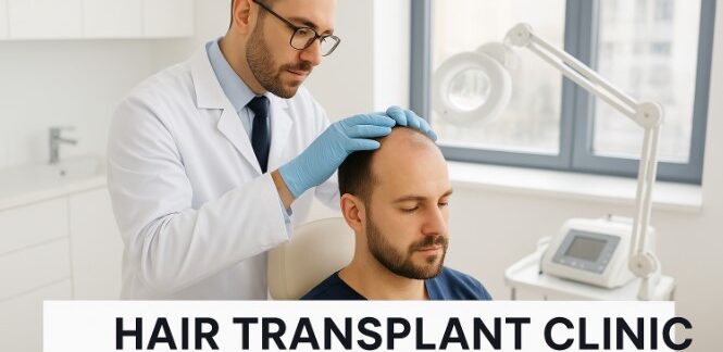 Doctor examining patient’s scalp during consultation at a hair transplant clinic in London